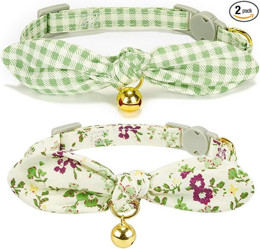 Bowtie Cat Collar with Bell, 2 Pack Cotton Breakaway Kitten Collars with Removeable Bow Stylish Cat Collars, Floral Green & Plaid