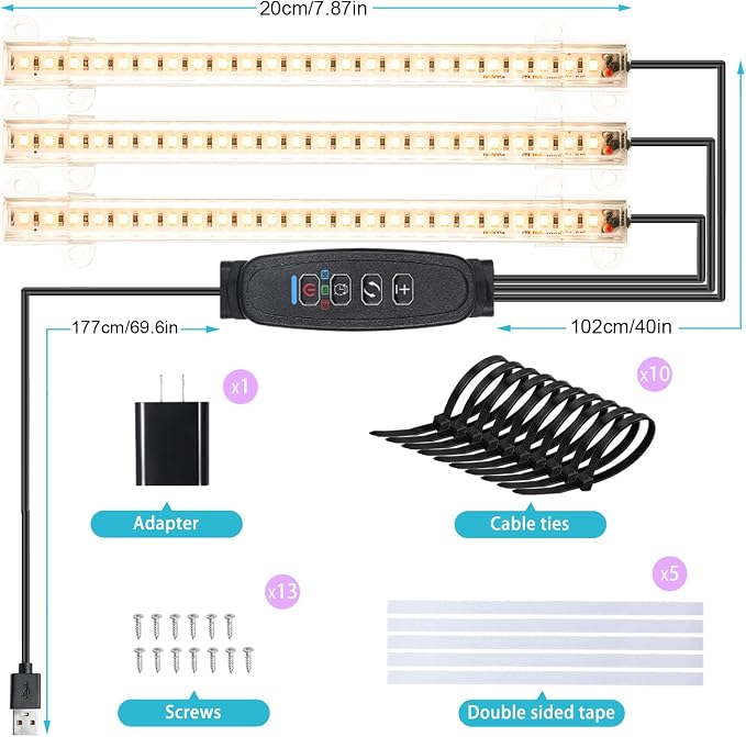 Hywyimlait LED Grow Light Strips, Grow Lamps for Indoor Plants Full Spectrum 3000K, 72 LEDs Plant Light with 3/9/12H Timer, 10 Dimmable Levels for Seedling Succulent, 3 Head 7.8 Inches