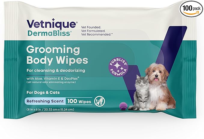 Vetnique DermaBliss Pet Wipes for Dogs & Cats for Grooming, Cleansing & Deodorizing, Thick Dog Wipes for Convenient Dog Cleaning and Natural Pet Odor Eliminator, 100ct (Refreshing Scent)