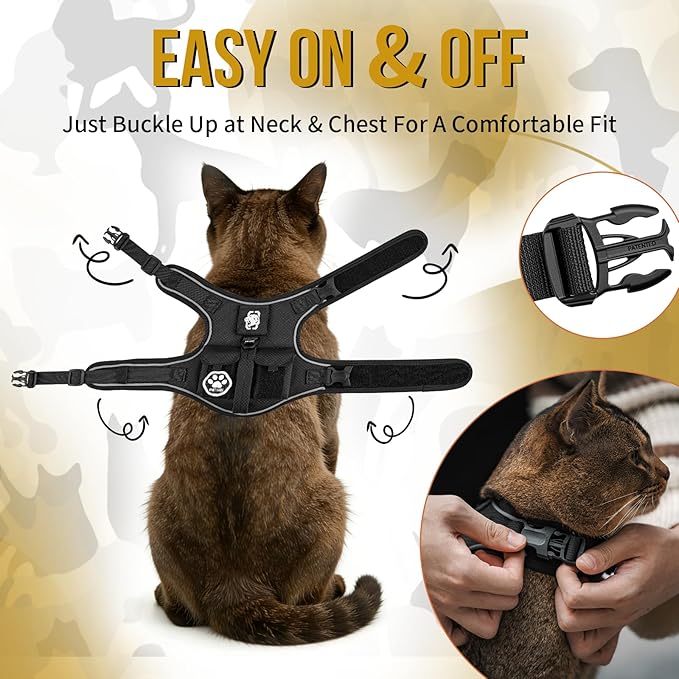 OneTigris Cat Harness and Leash - Escape Proof Soft Adjustable Cat Harness, Breathable, Comfortable, Durable Water-Resistant Tactical Vest with Reflective Strips and Pocket for Cat Tracker