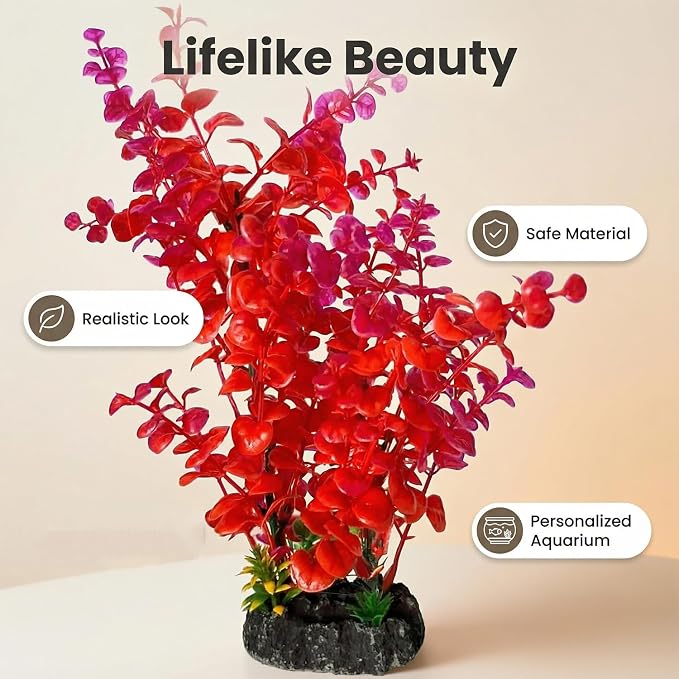 Mipukbay Red Aquarium Plants - Artificial Plastic Fish Tank Decor, Realistic Ornament Safe for Fish & Shrimp, Low-Maintenance Aquascaping Plants for Freshwater/Saltwater Tank Landscaping