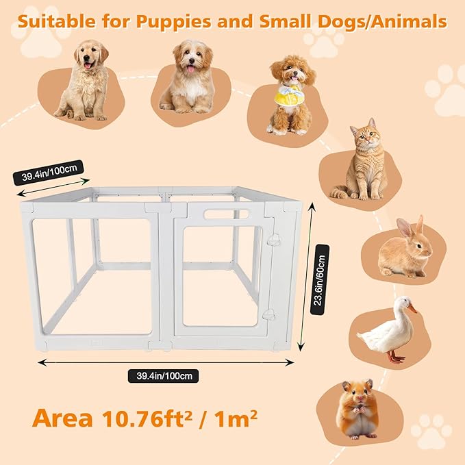 Clear Acrylic Plastic Dog Playpen with Door, 23.6"H Transparent DIY Puppy Cat Pet Play Pen, Modular Fence for Dog, Cat, Pig, Rabbit, Ferret, Easy Assemble Dog House Crate Kennel Whelping Cage