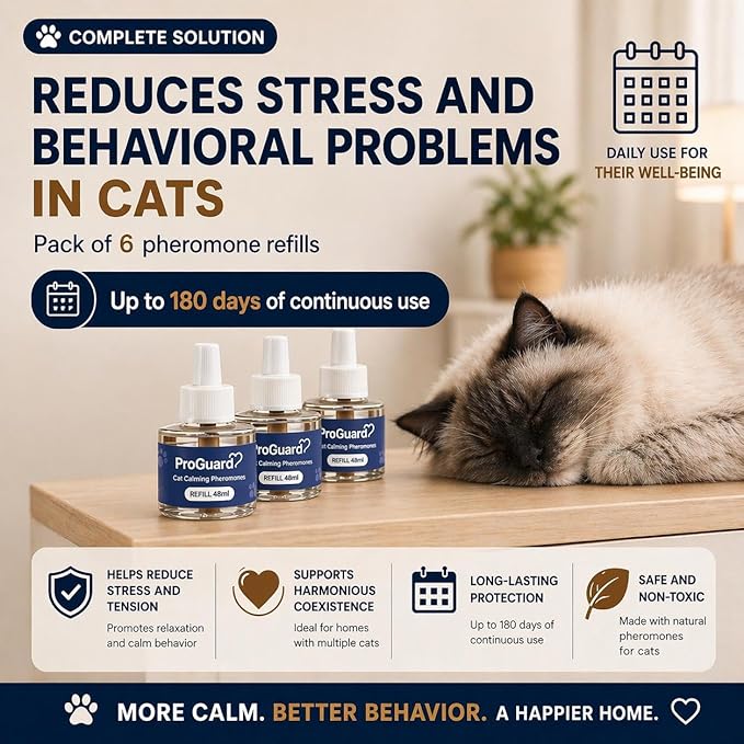 ProGuard® Cat Calming Diffuser Refill 6 Pack Cat Calming Pheromone Diffuser Refill Cat Plug in Pheromones Cat Stress Diffuser Cat Pheromones Calming for Cats Anxiety and Stress 48ml Vial-180 Days
