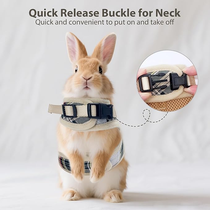 AIITLE Bunny Harness and Leash Set Escape Proof - Magic Tape Design, Lightweight Plaid Pattern Mesh Padding, No Pull No Choke for Puppy Cat Rat Squirrel Ferret, Outdoor Walking Running, Beige S