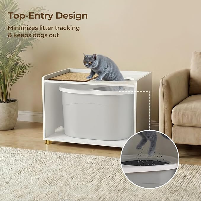 Amunrbrek Top Entry Litter Box Enclosure, Flip Top Cat Litter Box Furniture with Scratch Mat, Stylish Hidden Cat Washroom for Large Cats (White)