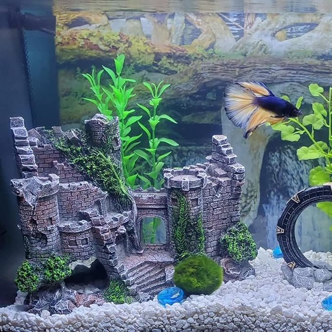 Ancient Castle Design Resin Aquarium Decoration Hideouts Stone Cave Hide House, Simulation Resin Hide House Fish Tank Aquarium Ornaments Decor