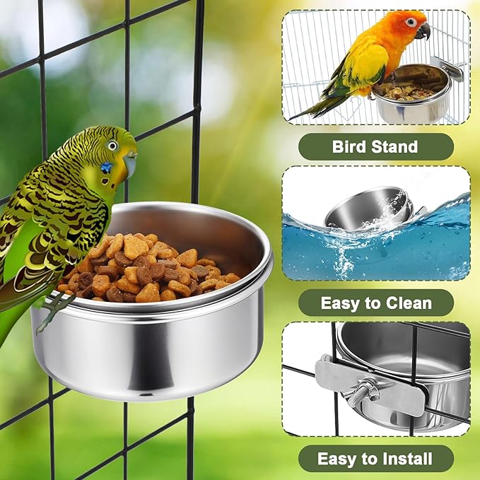 Kifmurase 8 PCS Stainless Steel Bird Food Bowls Water Bowl with Clamp Holder, Parrot Feeding Dish Cups Birds Feeders for Cage, Bird Food Water Bowls for Cockatiels Conure Budgie Parakeet
