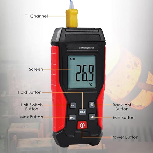 Digital K Type Thermometer with Two Thermocouple Probes, -328°F~2501°F Single Channel Thermocouple Thermometer HVAC Temperature Meter with Backlit LCD Display Max/Min, Data Hold