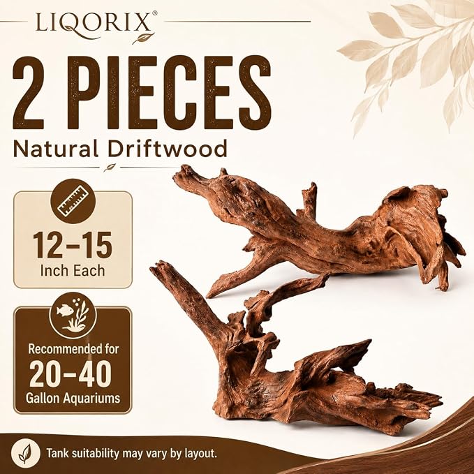 Natural Aquarium Driftwood, 12 to 15 Inch Pieces, 2 Pack, Fish Tank Decor and Aquascaping Wood for Freshwater Aquariums, Reptile Terrarium and Air Plant Display