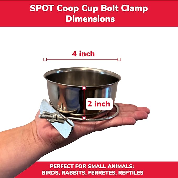 SPOT Coop Cup Bolt Clamp - Stainless Steel Hanging Bowl for Crates, Removable, Chew-Proof Pet Feeding Dish, Ideal for Birds, Parrots, Rabbits, Ferrets, Reptiles, 1.25 Cups (10 Oz)