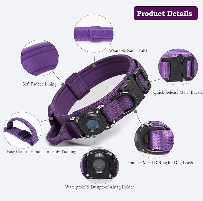 Upgraded AirTag Dog Collar,Waterproof Tactical Dog Collar with AirTag Holder, Control Handle and Metal Buckle,Heavy Duty Dog Collars for Large Dogs (DeepPurple，XL