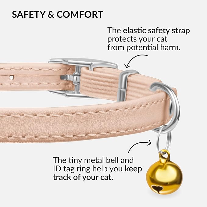 CollarDirect Leather Cat Collar with Removable Bell – Safety Elastic Strap (Breakaway Alternative) – Kitten Collar for Small & Big Boy & Girl Cats