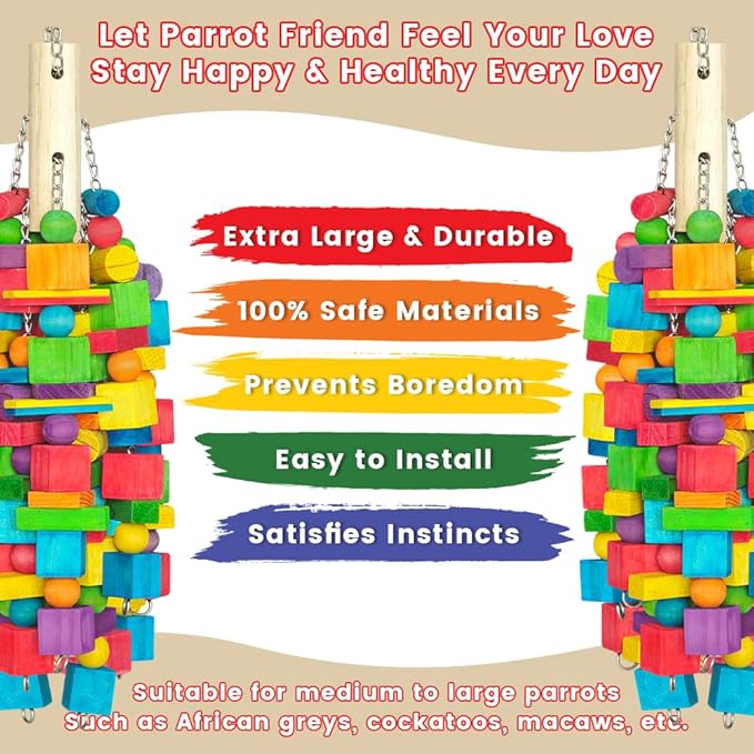 Large Parrot Chew Toy, 20 in 1.65 lb Natural Wood Blocks with Stainless Steel Chain, Bird Foraging Cage Toy for Macaws, Cockatoos, African Greys