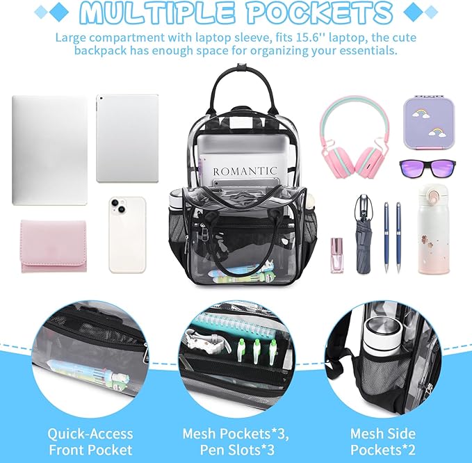 MOONBABY Small Clear Backpack for School Transparent Bookbag for Kids Heavy Duty PVC See Through Backpack Stadium Approved