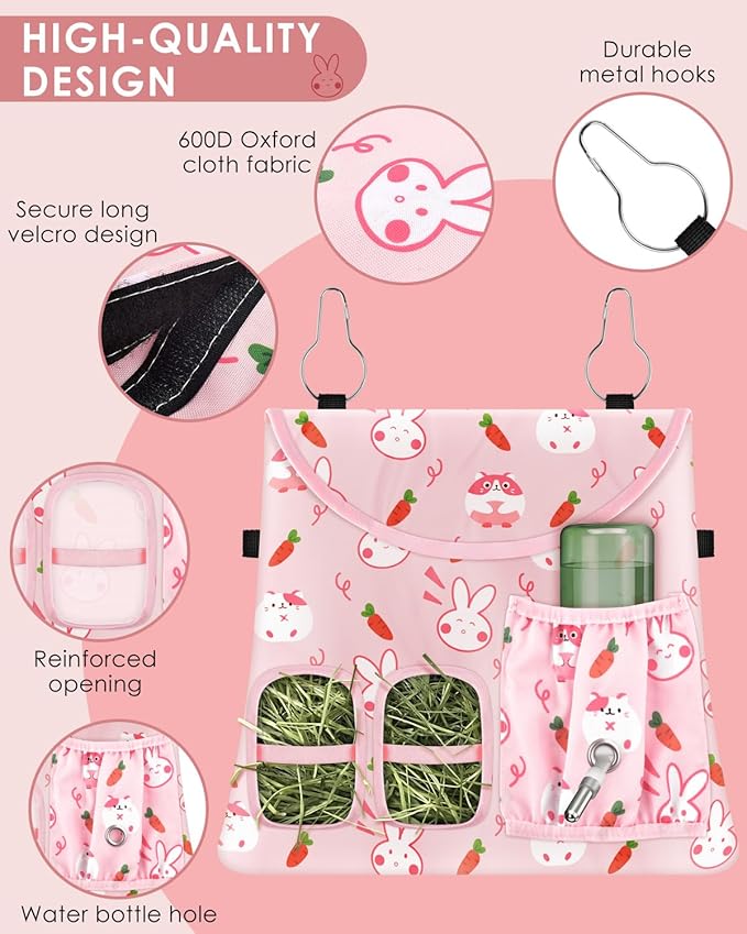 Bissap Rabbit Hay Feeder Bag, 2 Holes Hanging Hay Feeder Guinea Pig Hay Bag with Side Pocket for Rabbits Bunny Chinchillas Hamsters Rats and Other Small Pets Small Animal - Pink