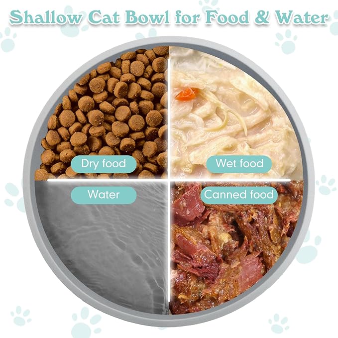 Silicone Dog Bowl Shallow Cat Food Bowls 7in Flat Puppy Plates Cute Whisker Fatigue Pet Feeding Dishes Set of 2 for Dry and Wet Food Indoor (Round Grey)