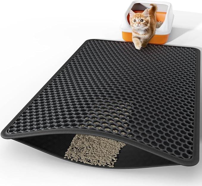 Powools Cat Litter Mat - 46" x 35" Jumbo Litter Box Mat with Double Layers, Urine-Proof and Non-Slip Litter Trapping Mat, Easy to Clean Kitty Litter Mats for Floor, Scatter Control, Black
