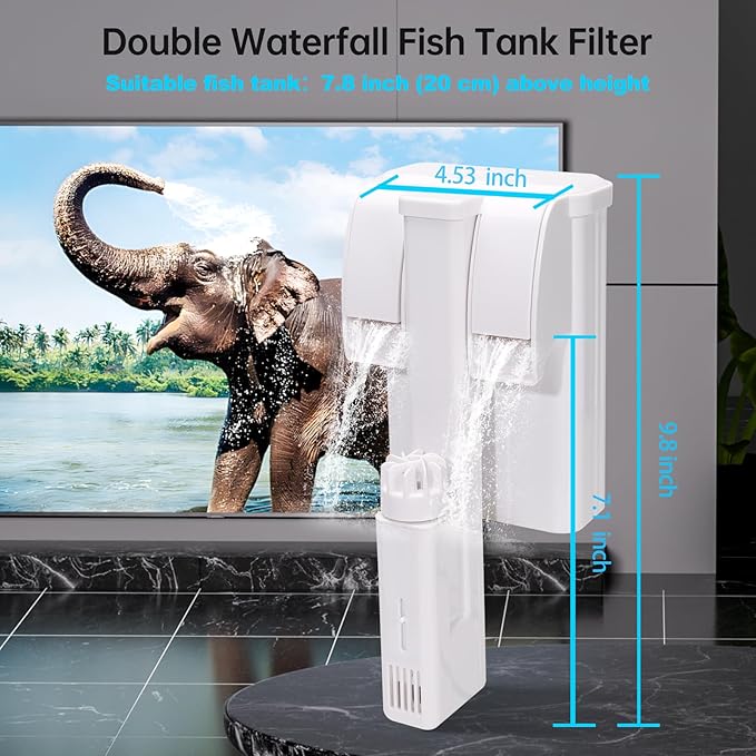 Hang on Aquarium Filter no Priming Required 20-40 Gallon Adjustable Power Fish Tank Filter Multi Layer Filtration System with Remove Oil Film and Double Waterfall for Freshwater Saltwater