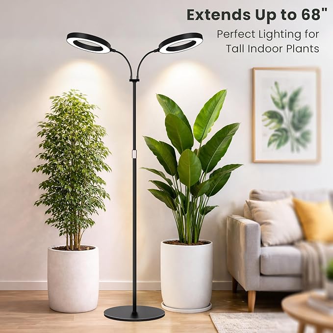 LBW Dual Head Grow Light with Stand for Indoor Plants, Full Spectrum Grow Light for Tall Plants, Adjustable Height up to 68", Auto Cycle Timer 6/8/12/16H, 5-Level Dimmable, 3 Lighting Modes, Black
