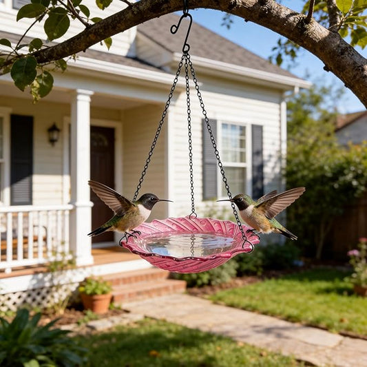 HONGLAND Bird Baths for Outdoors, 11" Pink Glass Birdbaths Outdoor Birdfeeder with Metal Stake