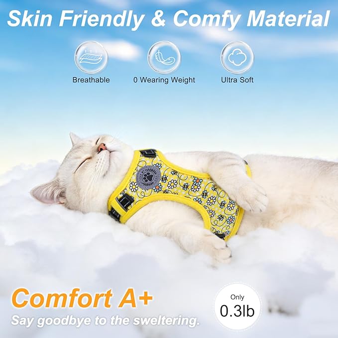 BEAUTYZOO Cat Harness, Escape Proof Cat Leash and Harness Set for Walking, Soft Breathable Vest Harness with Safety Neck Adjustable, Reflective Easy-Control Kitten Harness for Cats (Bee Design)