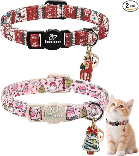 2 Pack Christmas Cat Collars - Breakaway Cat Collar with Bell, Christmas Tree and Reindeer Pendant, Winter Adjustable Kitten Collars for Girl Boy Cats, Pink Santa &Fair Isle