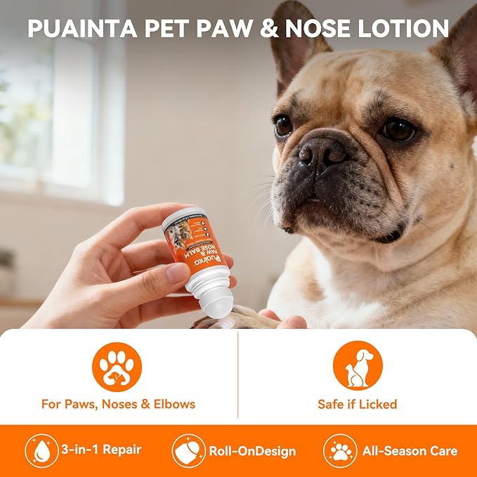 PUAINTA Lick-Safe Dog Paw & Nose Balm with Mess-Free Roller Ball - Safety Cap, Fast-Absorbing Protector for Winter Snow, Salt & Hot Pavement - Unscented Snout Soother - 2oz