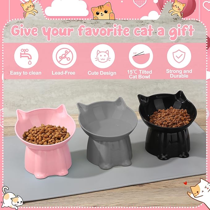 3 Pcs Elevated Cat Bowls 15°Raised Cat Food Bowl with Silicone Mat Whisker Friendly Anti Vomiting Cats Dishes Pet Food and Water Bowls for Indoor Cats Kittens Classic Pink, Grey, Black Pink, Grey, Bla