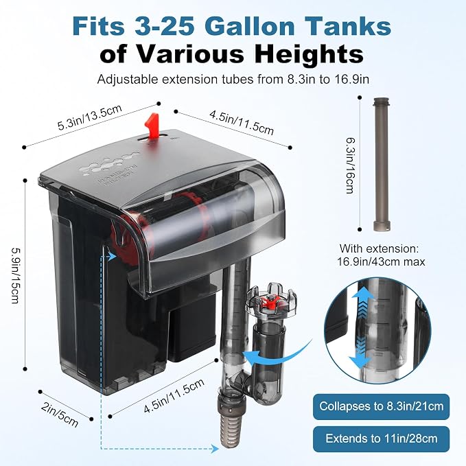 Fish Tank Filter Hang On Back Aquarium Filter for 10-25 Gal 93GPH 5W | with Surface Skimmer, Small Quiet 3-Stage Filtration System, Adjustable Flow Expandable Hose for Circulation and Aeration
