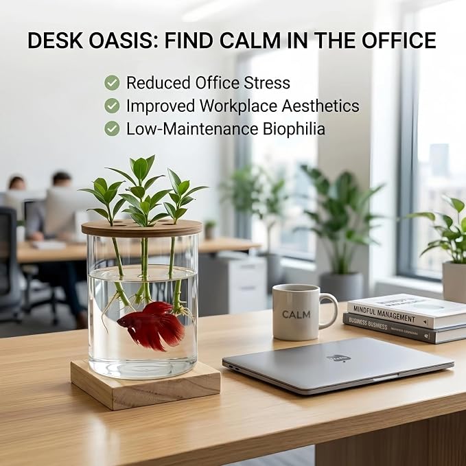 Desktop Aquaponic Betta Fish Tank, Ultra-Clear Borosilicate Glass Hydroponic Planter Vase with Premium Polymer Lid & Solid Wood Base, Small 4.33" Desktop Eco-Aquarium Jar for Home Office Decor