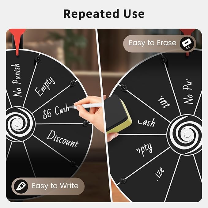 12 Inch Prize Wheel with Stand - Portable Spinning Wheel for Parties, Classroom Games, Carnival Prizes, Spin The Game with Dry Erase Marker & Eraser