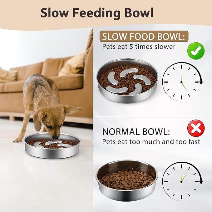 Slow Feeder Dog Bowl Stainless Steel, 2 Cups Heavy Duty with Non-Slip Base Dog Food Bowls for Small Medium Large Breed Size Dogs to Slow Down Eating