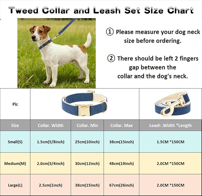 Luxury Soft Cotton Tweed Fabric Dog Collar & Leash Set with Gold Buckle – Durable Fabric, Stylish Design for Everyday Walks(Large Navy)