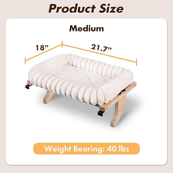 Zoratoo Cloud-Cuddle Cat Perch for Window Sill with Bolster, Natural Wood & Metal Frame Cat Window Seat for Large Cats, Easy to Adjust Zipper Cushion Pet Bed for Windowsill (Medium)