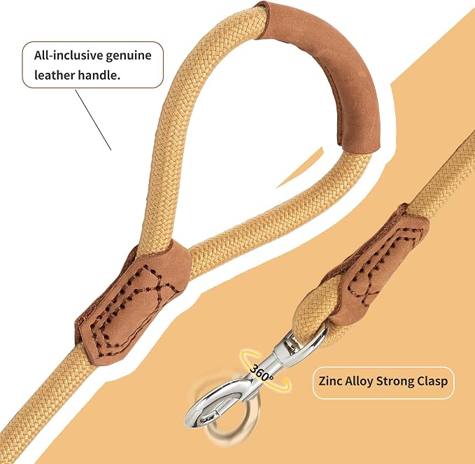 Mile High Life | Premium Leather Handle Dog Leash | Strong Rope Leash | Zinc Alloy Strong Clasp | Small Medium Large Dogs | 4/5/6 Feet(Yellow, 60 Inch (Pack of 1))
