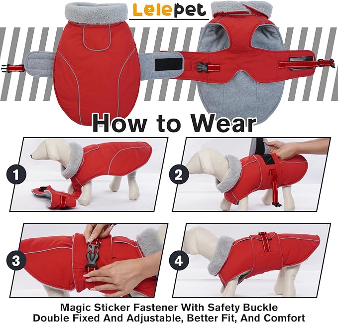 Lelepet Warm Dog Coat Waterproof Dog Jacket Reflective Fleece Vest with Adjustable Buckle Hook & Loop, Windproof Winter Jacket Dogs Coats for Small Medium Large Dogs, Red, XXXL