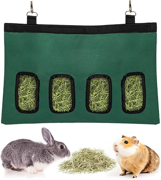 Rabbit Hay Feeder Bag, Large Capacity Rabbit Hay Bag Small Animal Hanging Hay Bag 600D Oxford Cloth Bunny Hay Feeder Bag for Rabbits Guinea Pigs Chinchillas (DarkGreen-4 Holes-1Pcs)
