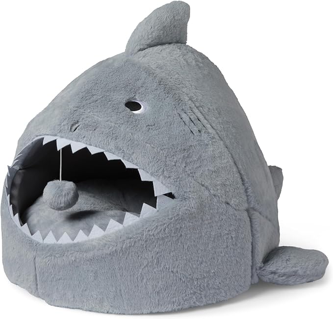 Amazon Basics Shark Shape Cat House for Indoor Cats, Enclosed Design Helps Reduce Anxiety in Nervous Pets, with Washable Cushioned Pillow, 17" x 16" x 14", Grey