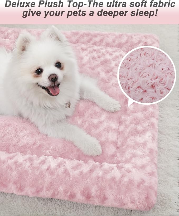 Washable Dog Bed Mat Crate Pad Soft Fluffy Pet Kennel Beds Dog Sleeping Mattress for Large Jumbo Medium Small Dogs, 42 x 28 Inch, Pink