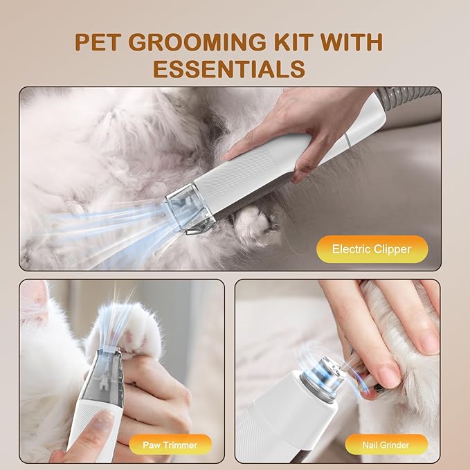 Dog Grooming Vacuum, Dog Grooming Kit with Pet Clipper Nail Grinder, 3 Suction Modes Dog Brush Vacuum with 6 Pet Grooming Tools (tan)