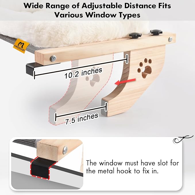 AMOSIJOY Cat Sill Window Perch Sturdy Hammock Seat with Cushion Bed Cover, Wood & Metal Frame for Large Cats, Easy to Adjust Windowsill, Bedside, Drawer and Cabinet(Cushion Bed)