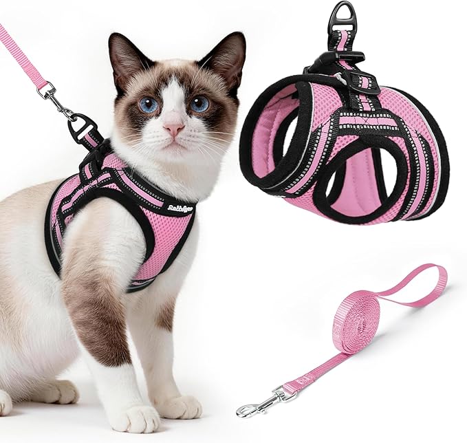rabbitgoo Cat Harness and Leash Set for Walking Escape Proof, Adjustable Soft Kittens Vest with Reflective Strip for Cats, Comfortable Outdoor Vest, Pink, L