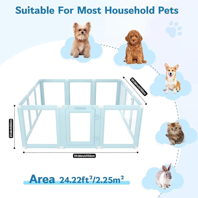 DIY Clear Acrylic Dog Playpen Indoor, Transparent Easy Cleansing Puppy Fence with Suction Cup, Easy-Assemble Indoor Whelping Crate for Small Puppies (23.6" H, 12PCS), Blue