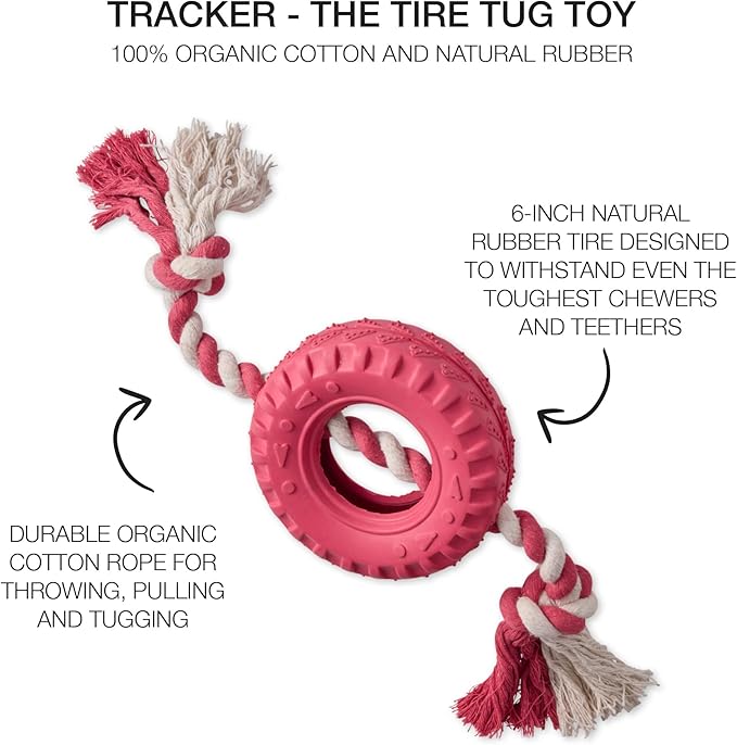 Pet Passion Natural Rubber Tire and Organic Cotton Rope Pull and Chew Dog Toy for All Pet Breeds, Pink, One Size