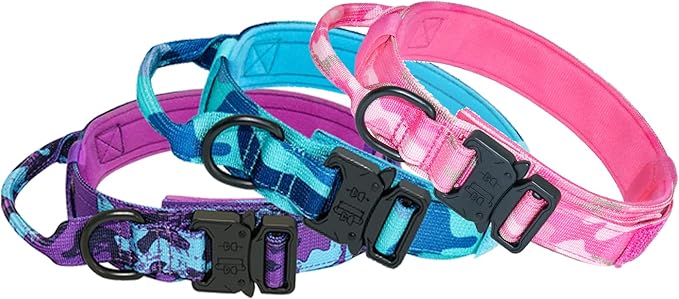 Hotsky Tactical Dog Collar, Adjustable Military Training Nylon Airtag Collar with Handle and Heavy Duty Metal Buckle for Medium Large Dogs, with Airtag Holder and Two Patches（Blue Camo,L）