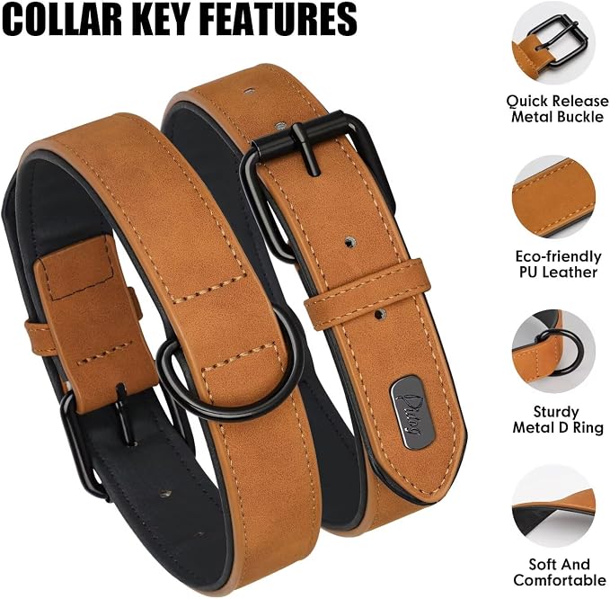 Didog Soft Padded PU Leather Dog Collar, Breathable and Adjustable Dog Collars for Medium Dogs, Comfortable for Daily Walk, Light Brown, L Fit Neck 14-18"(22-44 lbs)