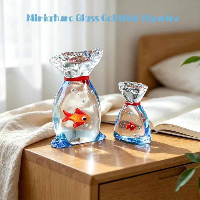 Hand Blown Glass Fish in Bag Figurine, Mini Art Glass Goldfish Ornament, Handmade Crystal Fish Bag Collectible Statue, Tabletop Decor Gift for Fish Lovers Home Shelf Decoration (Small Lucky Bag Fish)