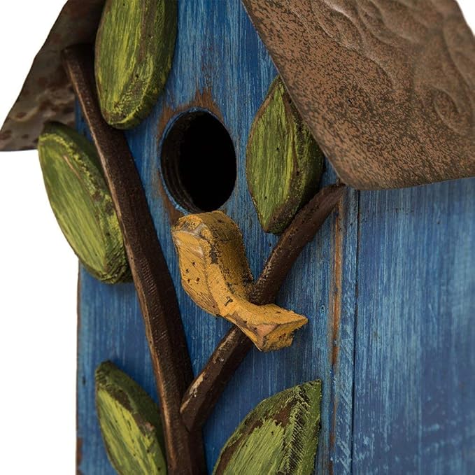 Glitzhome Bird Houses for Outside, 9.7" H Hanging Bird House for Outdoor, Patio Garden Decorative Pet Cottage Distressed Wooden Birdhouse for Bluebird Hummingbird Wren Finch Cardinals, Blue Leaves