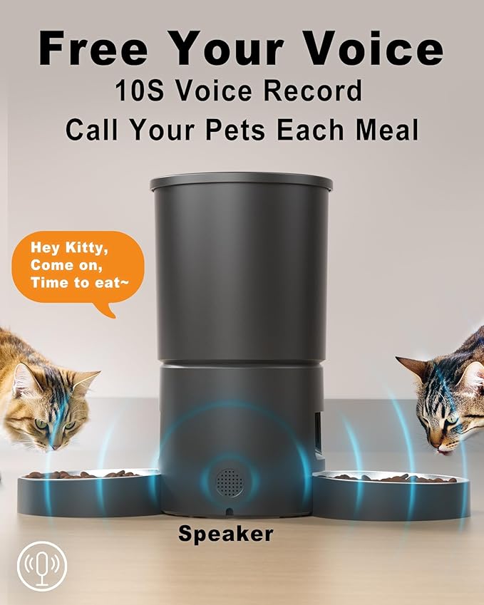Automatic Cat Feeder 2 Cats, 4.2L Dry Food Auto Dispenser with Double Bowls,Dual Power Supply,Programmable Portion Control,10s Voice Recorder(Black,Stainless Steel Bowls) (Pure Black)