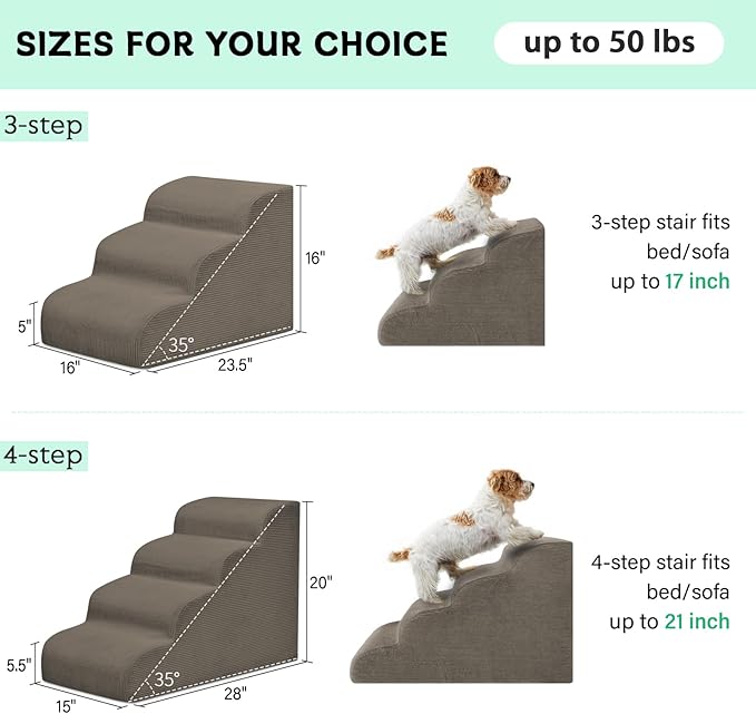 Mesa Lemon Dog Steps for Small Dogs, 4-Step Pet Ramp Stairs for High Beds and Sofa, Non-Slip Pet Stairs for Small Dogs and Cats, Removable and Easy to Clean Cover, Light Brown